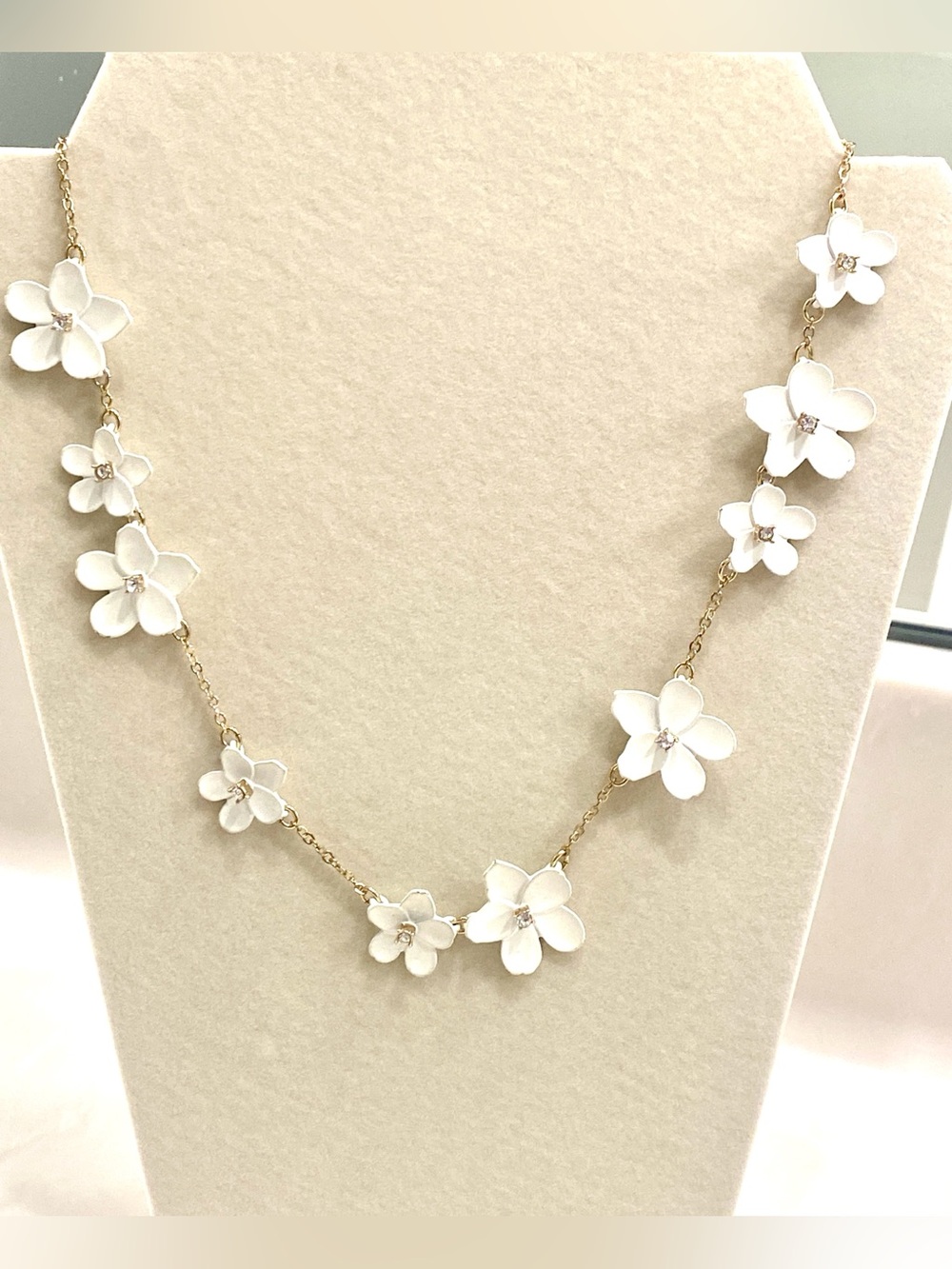 J. Crew Gold Chain Necklace with White Flower Accents